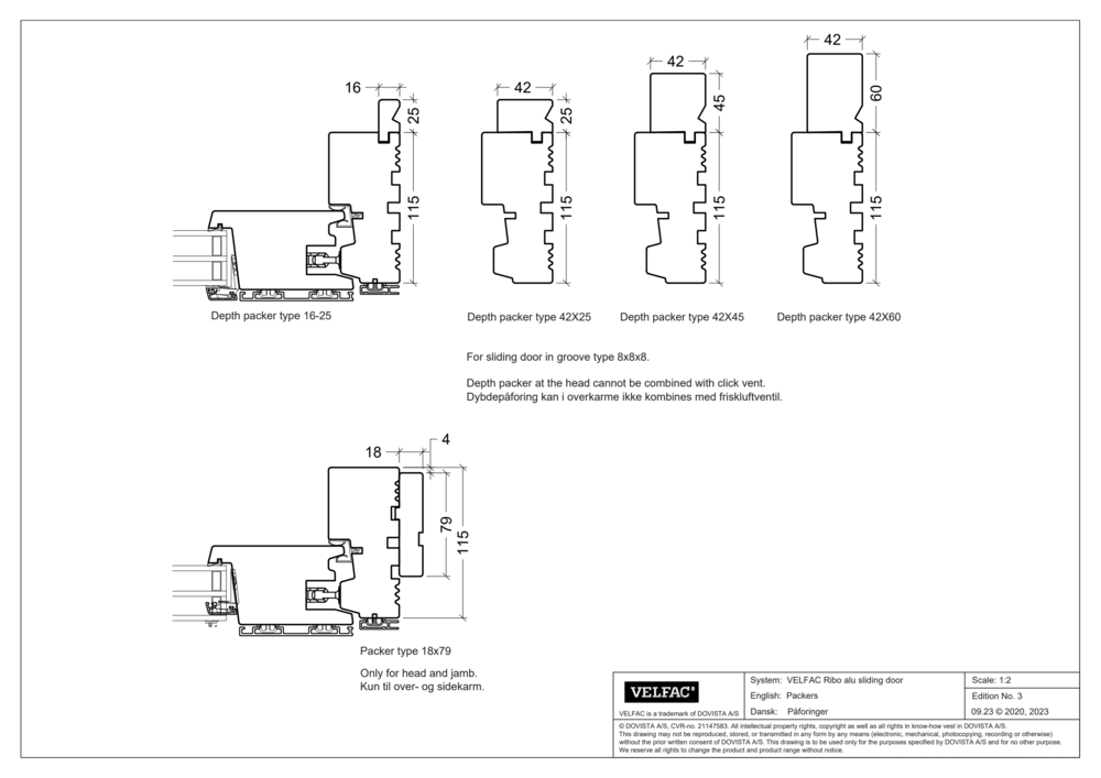 Packers for VELFAC Ribo wood/aluminium sliding door